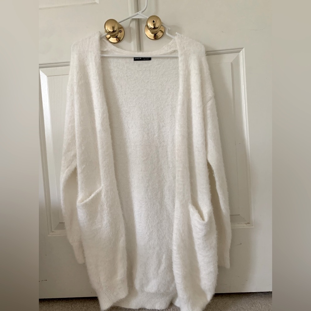 White Fluffy Long Sleeve Cardigan
